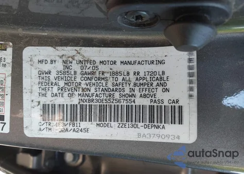 2005 Toyota Corolla Le из США, поврежденный, VIN 1NXBR30E55Z567554